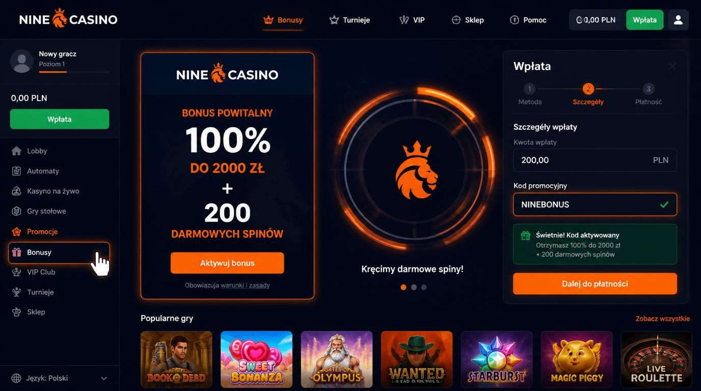 Gracz odbierający bonus powitalny z darmowymi spinami w NineCasino.