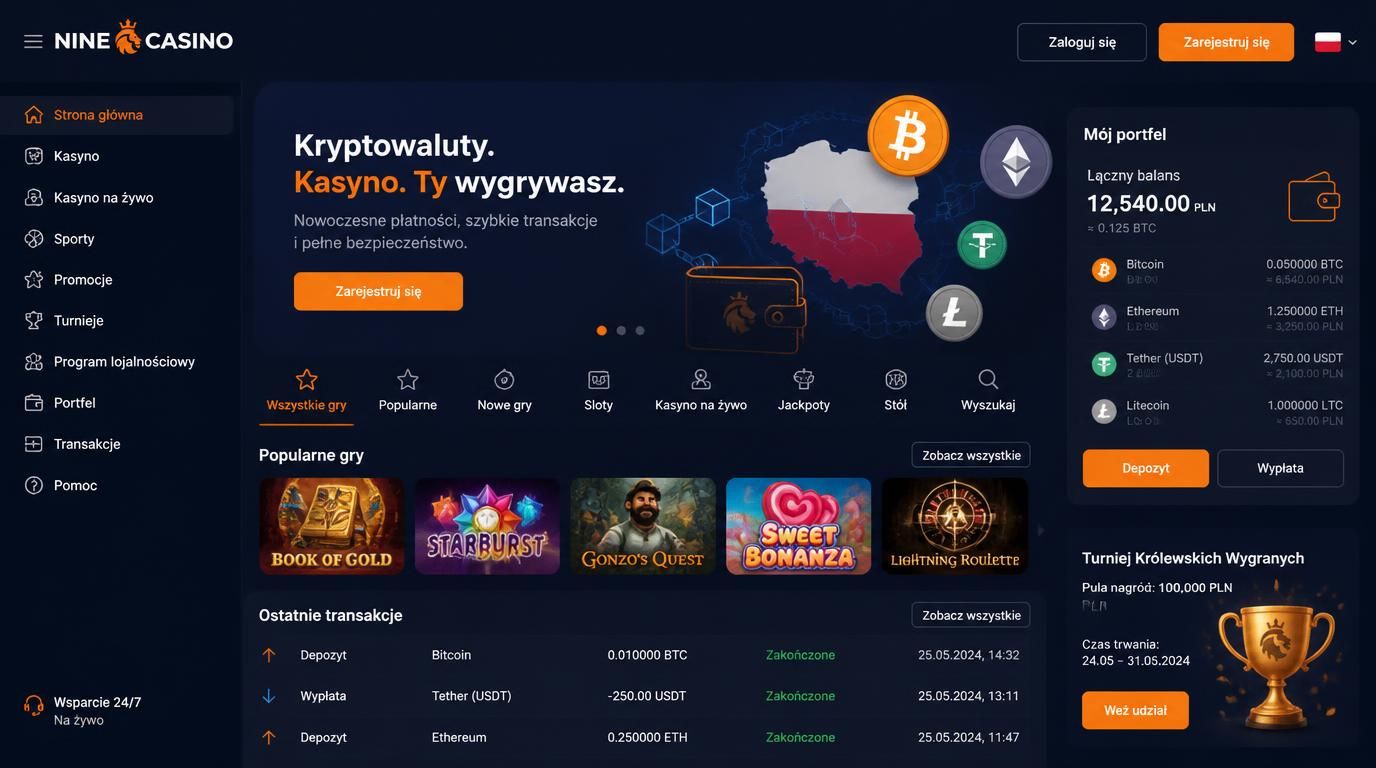 Kryptowaluty jako metoda wpłaty w Nine Casino.