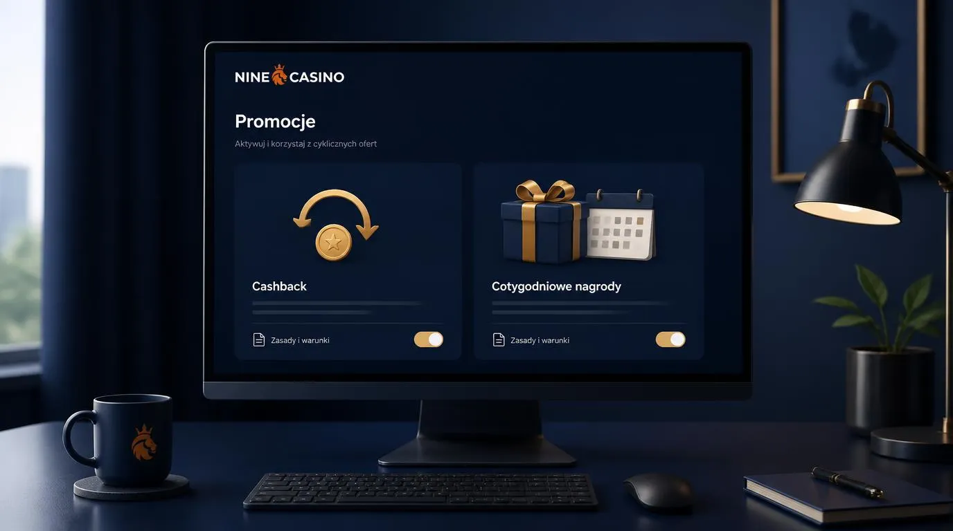 Panel promocji kasyna z kartami cashbacku, nagród tygodniowych i kalendarzem dostępnych ofert