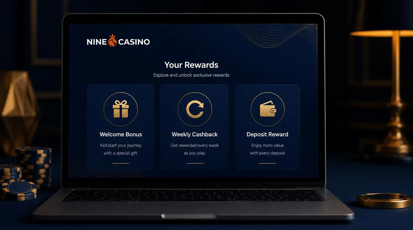 Panel nagród kasynowych z kartami bonusu powitalnego, cashbacku i tygodniowej premii za depozyt
