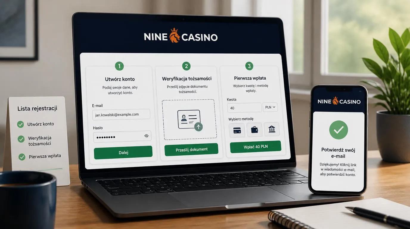 Panel rejestracji, weryfikacji dokumentów i pierwszej wpłaty 40 PLN w kasynie online